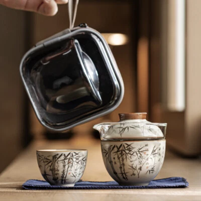 Antique Style Ruyao Crackle Glaze Porcelain Tea Set Travelling Bag Bamboo Print - Image 1 of 4