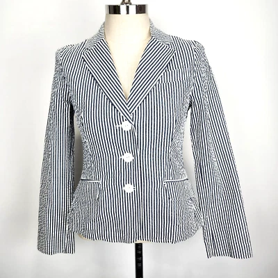 Sandro Seersucker Blazer Womens S Navy Blue White Striped Nautical Preppy Cotton - Image 1 of 4