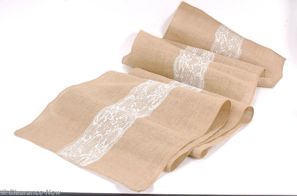 Burlap & Lace Table Runner 19"x120" XLong & Wide Wedding Party White Lace 9220 - Image 1 of 4