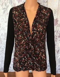 Maurices Shirt Blouse Top Womens XS Black Multicolor Spots Long Sleeve V-Neck - Picture 1 of 9