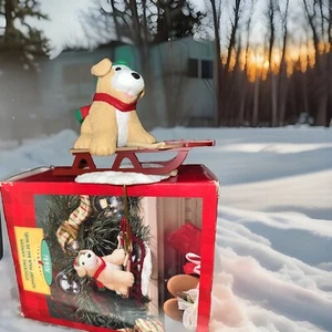 Vintage 97 Hallmark Nikki Dog in Sleigh Christmas Stocking Hanger - Original Box - Picture 1 of 11