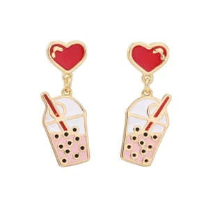 Kitsch Love Heart Boba Bubble Milk Pearl Tea Cute Quirky Funky Studs Earrings - Picture 1 of 4