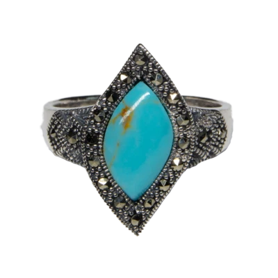 Türkis Markasit Stil Bling Ring 925 Silber Größen M-R Natürlicher Edelstein - Bild 1 von 2