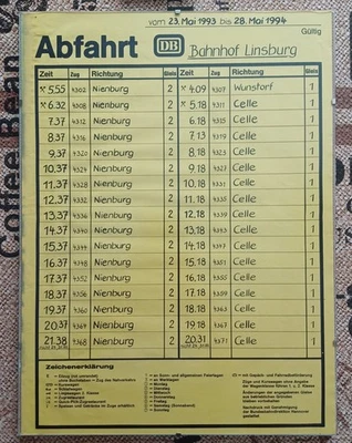 Bahnhof Abfahrtsplan Linsburg von 1993/94 noch mit Logo der Deutschen Bundesbahn - Bild 1 von 2