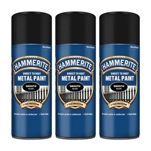 3X Hammerite Smooth Black Aerosol Direct to Rust Metal Spray Paint 400ml - Picture 1 of 7
