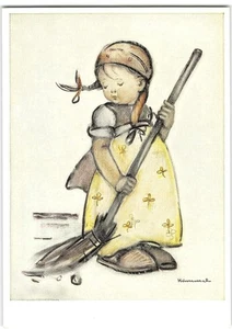 Artist-Signed HUMMEL Little Girl & Broom Mueller 4x6 Cute Vintage Postcard - Picture 1 of 2