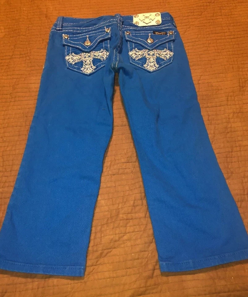 Pantalones capri azul brillante Miss Me Girls talla 14 bling bolsillo cruz Foto 1 de 4