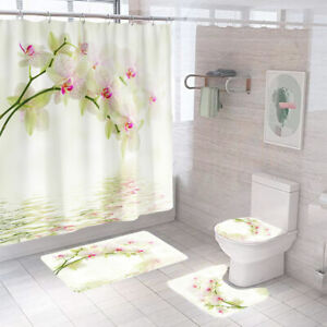 Floral Shower Curtain Bathroom Rug Set Bath Mat Non-Slip Toilet Lid Cover Thick 