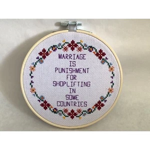 Made-To-Order Wayne's World Inspired Cross Stitch Hoop Featuring Marriage Quote - Picture 1 of 8