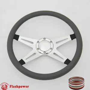 14" Billet Steering Wheel Gray Half Wrap Ford GMC GTO Impala Chevy W/Horn - Picture 1 of 9