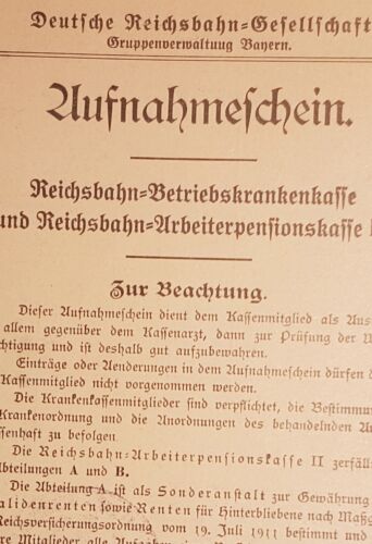 ROSENHEIM: Aufnahmeschein - Reichsbahn-Betriebskrankenkasse v. 9.5.1927