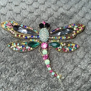 Spilla strass libellula tono oro grande 4" strass colorati spilla robusta! - Foto 1 di 3