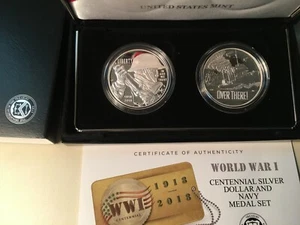 2018 WORLD WAR I CENTENNIAL SILVER $ + NAVY MEDAL 2 COIN SET FROM US MINT, 💎! - Picture 1 of 12