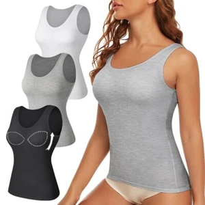 Women Seamless Wide Strap Sleeveless Camisole with Built In Bra Tank Tops Shirt - Picture 1 of 14