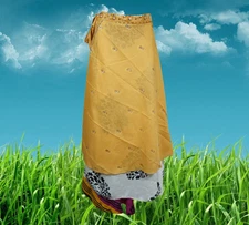 Womens Beach Long Wrap Skirt, 2 Layer Skirts, Yellow White Printed Sari One size