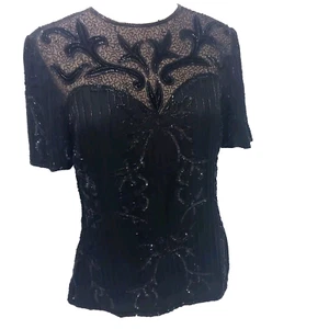 Papell Boutique Perlen transparent Passe schwarz 100 % Seide Top Medium Party elegant Kunst - Bild 1 von 11
