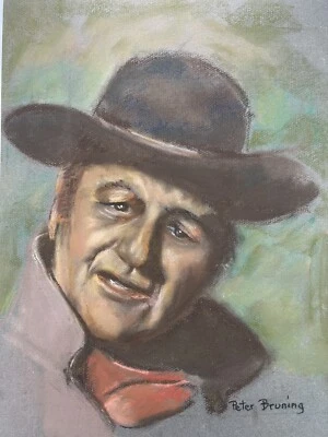 "Dibujo de retrato pastel de colección 17x12"" Peter Bruning firmado por John Wayne arte años 80" Foto 1 de 4