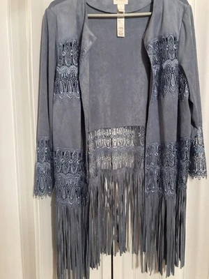 Cárdigan con flecos de encaje delantero abierto gamuza sintética azul CHICO's 3 para dama Foto 1 de 4