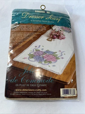 Dimension Stamped Cross Stitch Dresser Scarf w/Lace #72768 Hydrangea New Open - Image 1 of 4