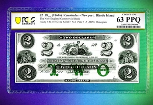 $2 New England Commercial Bank US Obsolete Currency Paper Money Note PCGS 63 PPQ - Picture 1 of 2
