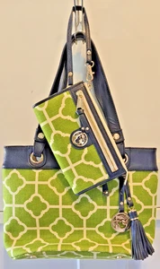Spartina 449 Bag Martinangel Serendipity Navy Green Cream Linen matching clutch - Picture 1 of 10