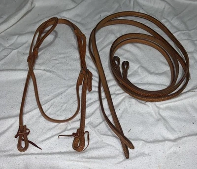 Набор кожаных раздвижных ушных недоуздков и вожжей Tory двойной шов каштановая лошадь США - Изображение 1 из 4