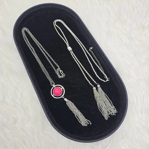 Lot Of 2 Silver Tone Metal Tassel Necklaces Drop Dangle Thick Heavy Long Chains - Picture 1 of 9