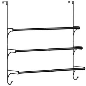 Adjustable Over The Door Triple Towel Rack with Hooks,Black - Picture 1 of 6