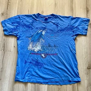 VTG 80s Marine World Africa USA double sided ORCA WHALES T-Shirt 2XL BLUE USA - Picture 1 of 11