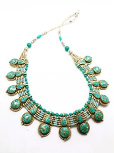Vintage Silver Tone Bib Necklace with Turquoise Stones - Picture 1 of 7