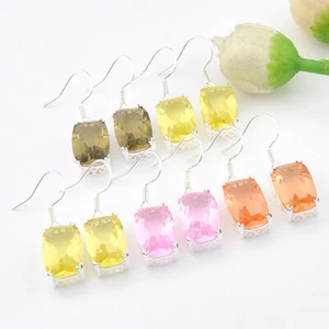 Square MIX 5 Pairs 1 lot Smoky Quartz Morganite Citrine Silver Danlge Earrings - Picture 1 of 2