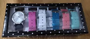 FMD SilverTone Case & Face Ladies Wristwatch w/6 Interchangeable Color Bands-NIB - Picture 1 of 13
