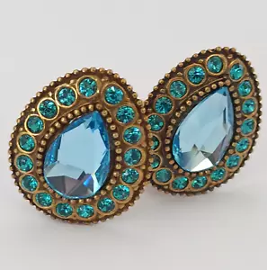 Michal Negrin Clip Earrings Sky Blue Crystal VTG Teardrop Statement Baroque 1" - Picture 1 of 11