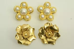 Authentic Kenzo & Lion de Paris Floral Clip On Earrings GP Faux Pearl Jewelry - Picture 1 of 12