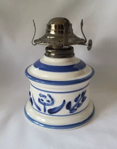 Vintage Lamplight Farms Blue & White Porcelain Hurricane Oil Lamp Base Only - Picture 1 of 9