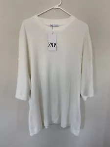 Womens Zara White Pullover Knit Short Drop Sleeve Top Casual Crew Neck XL Waffle - Picture 1 of 5