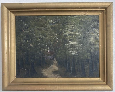 Винтажная оригинальная картина маслом темные леса пейзаж хижина лесные деревья 11 дюймов x 14 дюймов - Изображение 1 из 4