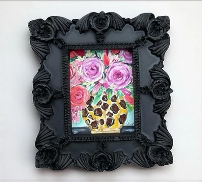 Vaso de leopardo com flores 🌺 mini impressão em aquarela em moldura ornamentada preta - Imagem 1 de 4