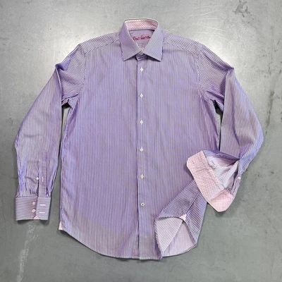 Camisa Robert Graham Para Hombres 15.5 Púrpura Blanco Rayas 39 Puño Francés Vestido Algodón Foto 1 de 4