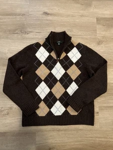 J. Crew Argyle 100% Lambs Wool 1/4 Zip Mock Neck Sweater Brown Men Size Medium - Picture 1 of 6
