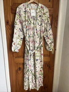 H&M Long Sleeved Linen Blend Cream Botanical Print Long Button Through Dress NEW - Picture 1 of 18