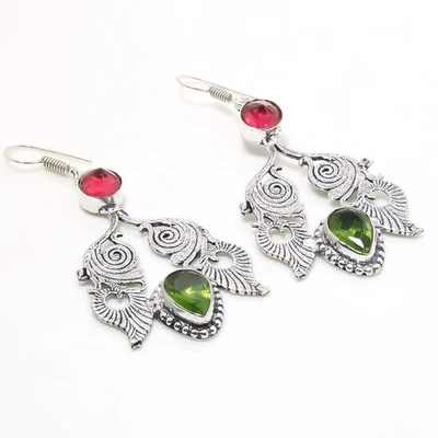 Pink Rubellite Peridot Gemstone Drop Dangle Gift Jewelry Earrings 2.60" a145 - Image 1 of 2