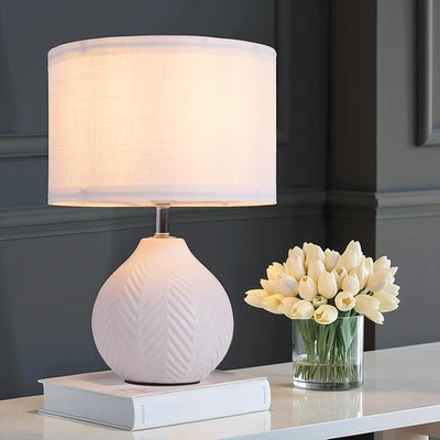 12'' White Ceramic Table Lamp, Leaf Patterned Ceramic Desk Lamp Small Bedside... - Image 1 of 4