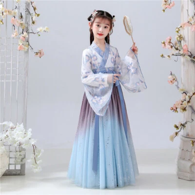 Enfant Fille Floral Brodé Brillant Maille Hanfu Bleu Swing Chinois Robe Rétro - Photo 1/4