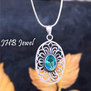 Swiss Blue Topaz Gemstone 925 Sterling Silver Pendant Wife Special Jewelry Gift - Picture 1 of 6