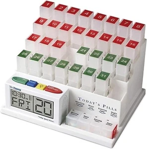 Compact Monthly Pill Organizer & Talking Alarm Clock for Daily Medication - Picture 1 of 11
