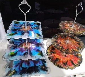 Cupcake Stand 3 Tier Square Handmade Unique From Epoxy Resin Multicolour Blue - Picture 1 of 12