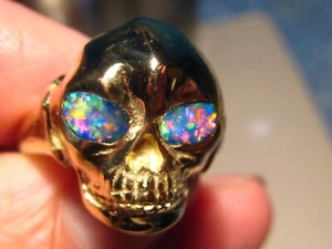 Men's Opal Skull Ring Solid 14 k Gold size 10 3/4 Blood Red sky Blue - Picture 1 of 14