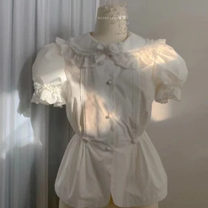 Women Lolita Girls Lace Shirt Blouse Top Ruffles Flared Spliced Sleeve Sweet - Picture 1 of 15
