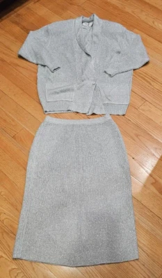 Vintage 80s Together! Metallic Silver Knit Cardigan Sweater & Skirt Set  Large - Image 1 of 4